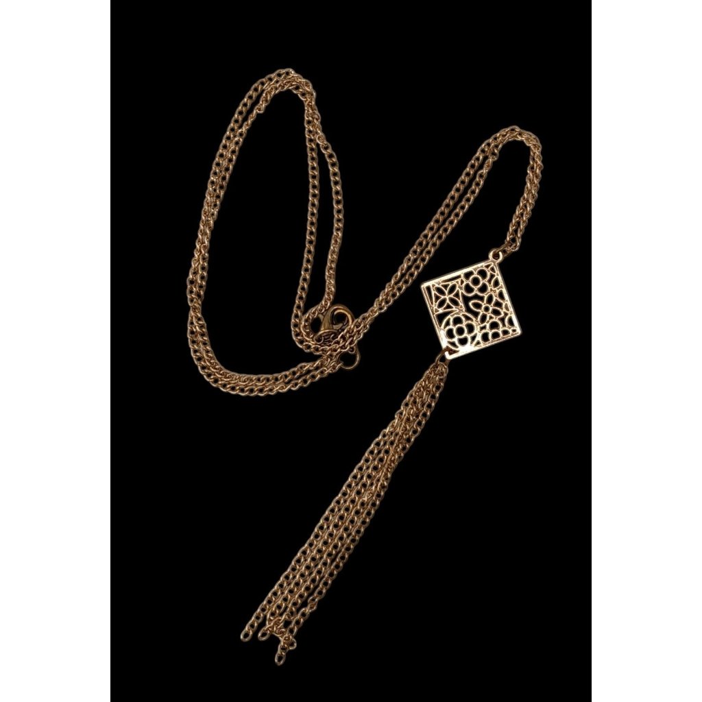 Bohemian Floral Gold-Tone Filigree Pendant Necklace With Multi-Strand Tassel Det